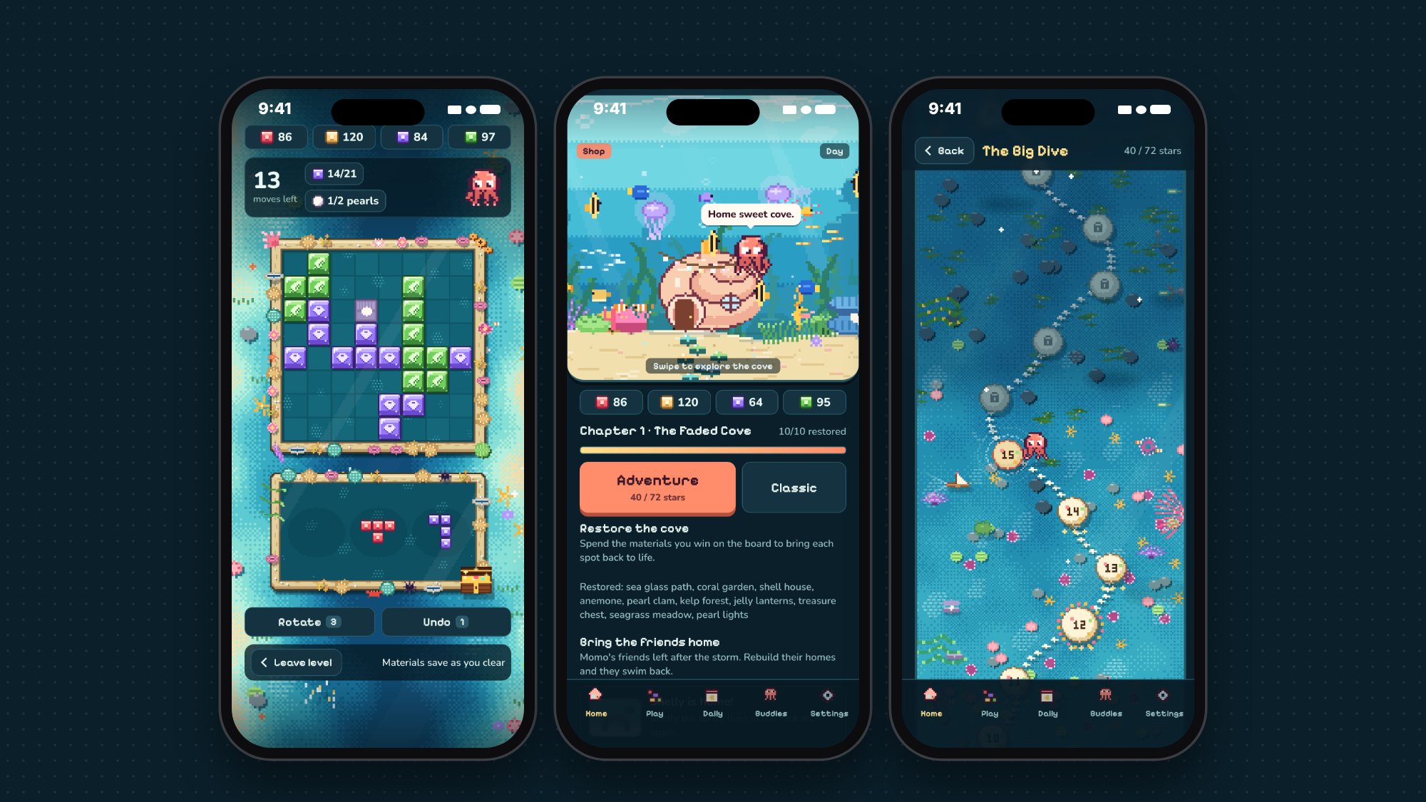 Three Coral Cove screens: the puzzle board, Momo's restored home and the adventure map