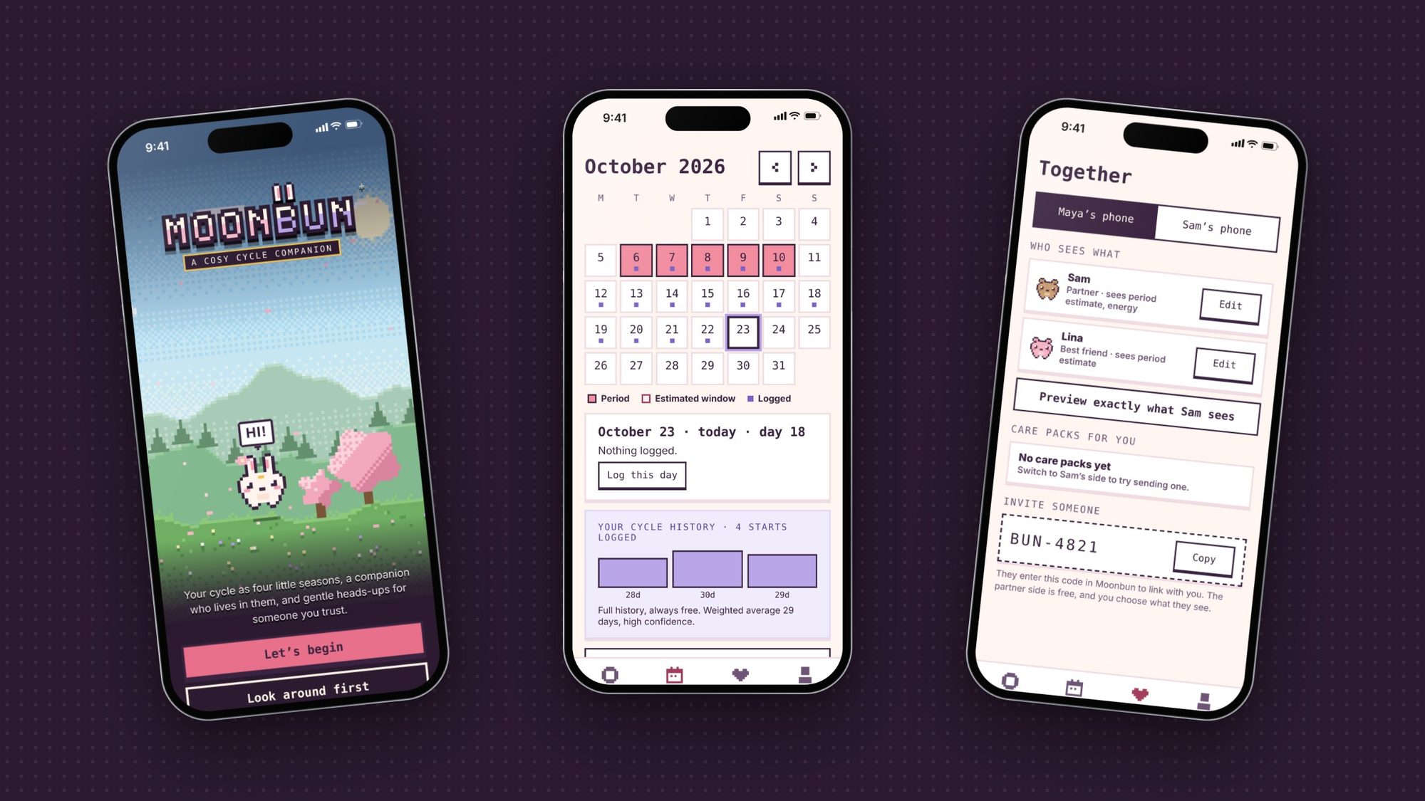 Three Moonbun app screens