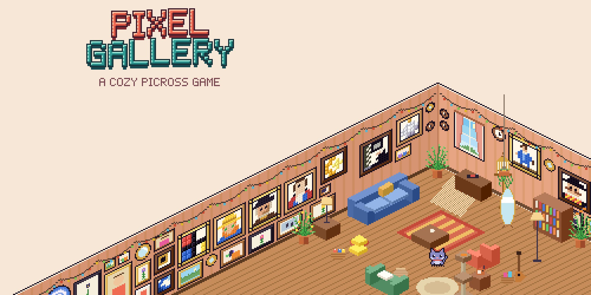 Pixel Gallery banner: a cozy pixel living room full of framed pictures