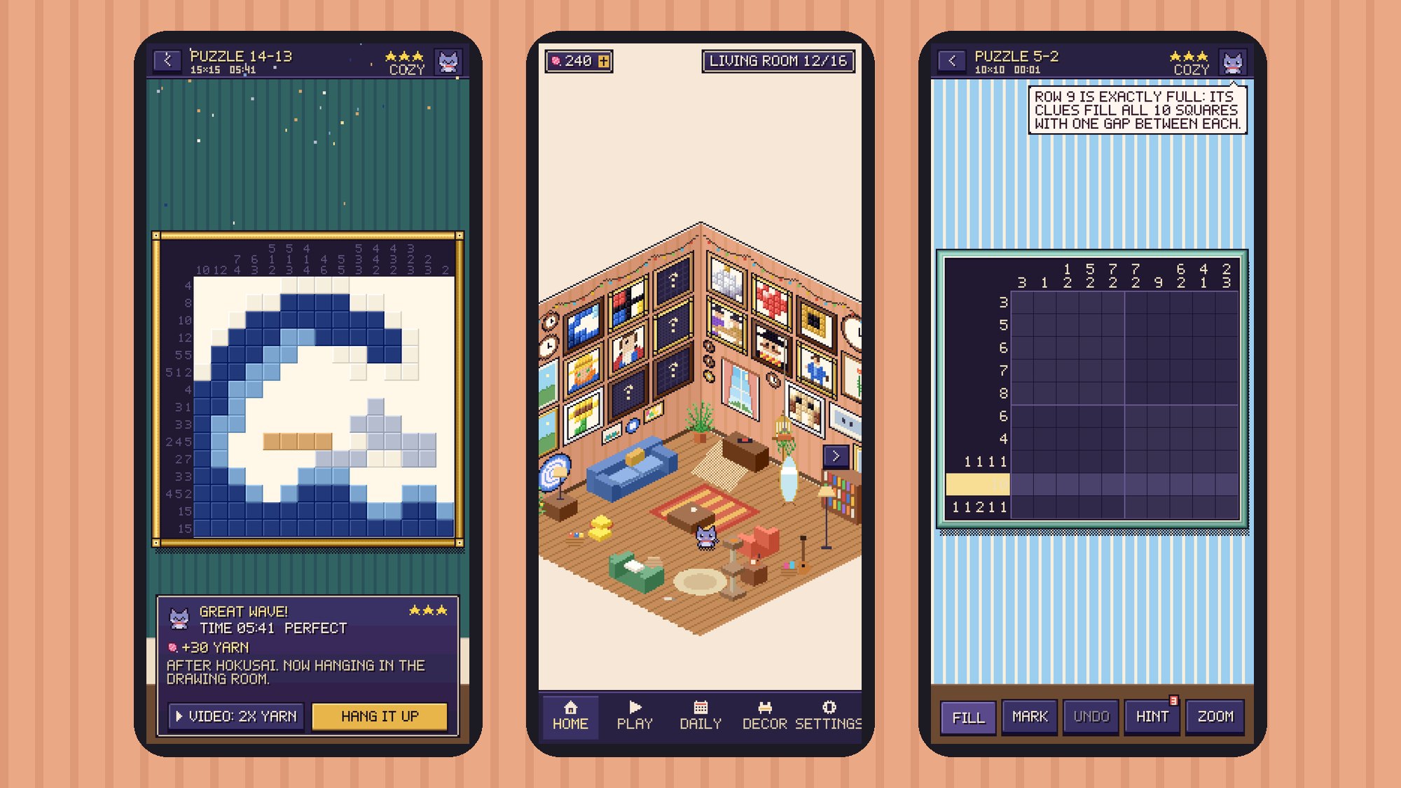 Three Pixel Gallery screens: a finished Great Wave, the living room and Pip explaining a clue